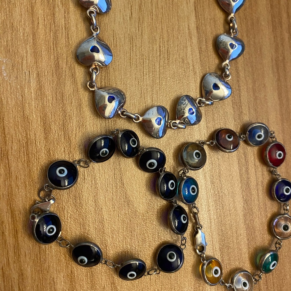 Three 925 Sterling Silver Heart And Evil Eye Bracelets